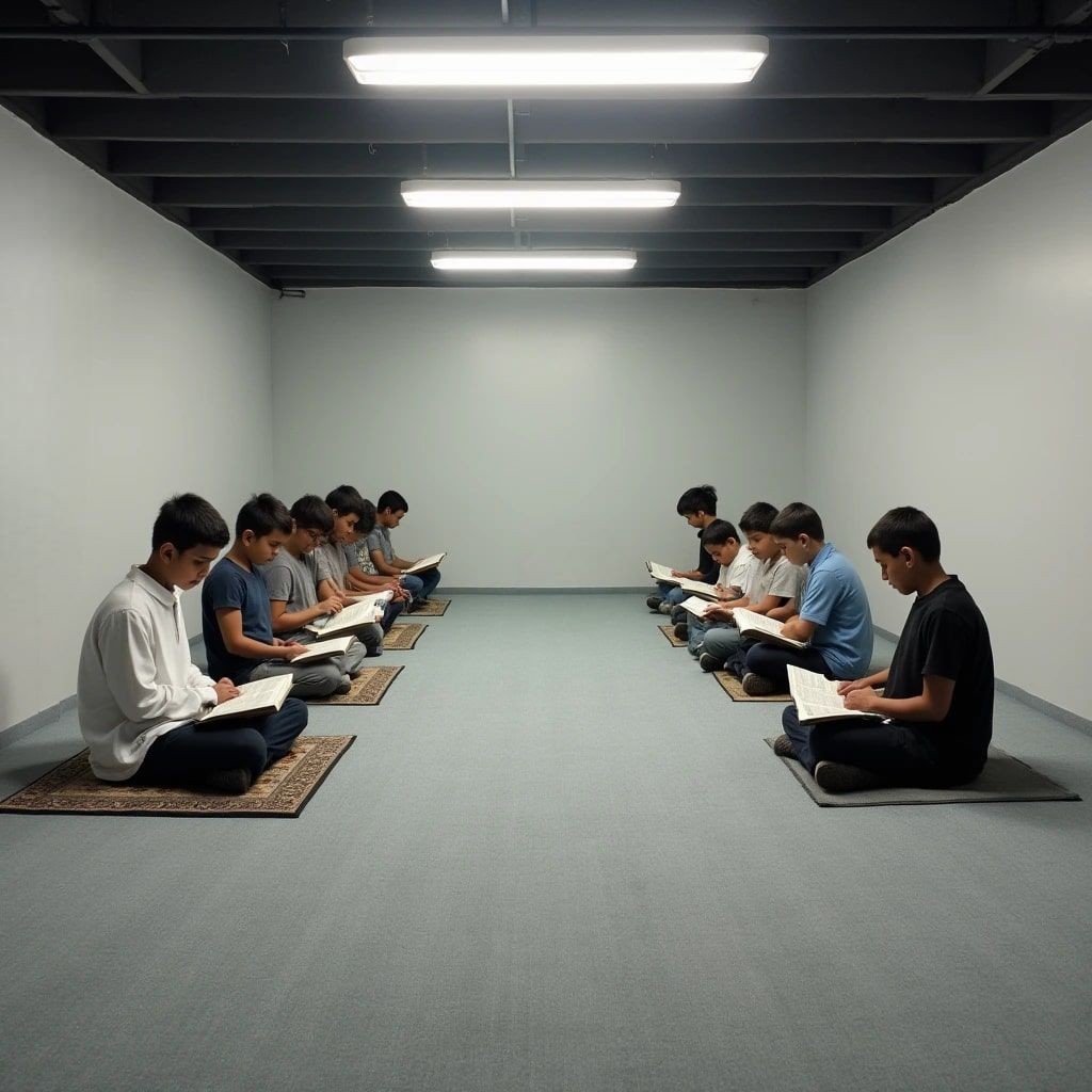 Group of boys sitting on mats in a well-lit room, reading books in a focused manner.